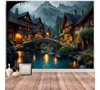 Aidatain Fairytale World Scenery Tapestry Town River Bridge Tapestry a Large 100" L x 90" W Flannel Fabric Landscape Wall Art Hanging for Kids Boys Girls Room Bedroom Dorm Decor GTSHAT115