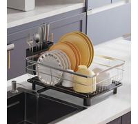 AIDERLY Stainless Steel Dish Drying Rack with Drainboard Dish Drainers for Kitchen Counter Extendable Spout Strainers with Utensil Holder and Knife Slots, Black