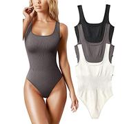 AIDEUX Women's 3 Piece Sleeveless Bodysuits, Square Neck Shapewear Tank Tops, and Ribbed Slimming Body Suit - Sexy andseamless bodysuit(Black Tea Leaf Beige,L)