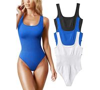 AIDEUX Women's 3 Piece Sleeveless Bodysuits, Square Neck Shapewear Tank Tops, and Ribbed Slimming Body Suit - Sexy andseamless bodysuit (Color : Black Blue White, Size : S)