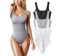 AIDEUX Women's 3 Piece Sleeveless Bodysuits, Square Neck Shapewear Tank Tops, and Ribbed Slimming Body Suit - Sexy andseamless bodysuit(Black Grey White,L)