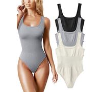 AIDEUX Women's 3 Piece Sleeveless Bodysuits, Square Neck Shapewear Tank Tops, and Ribbed Slimming Body Suit - Sexy andseamless bodysuit(Black Grey Beige,L)