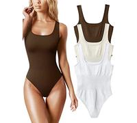 AIDEUX Women's 3 Piece Sleeveless Bodysuits, Square Neck Shapewear Tank Tops, and Ribbed Slimming Body Suit - Sexy andseamless bodysuit (Color : Coffee Beige White, Size : M)