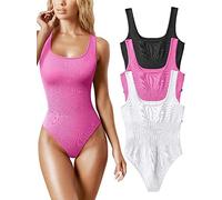 AIDEUX Women's 3 Piece Sleeveless Bodysuits, Square Neck Shapewear Tank Tops, and Ribbed Slimming Body Suit - Sexy andseamless bodysuit (Black Rose White, S)