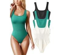 AIDEUX Women's 3 Piece Sleeveless Bodysuits, Square Neck Shapewear Tank Tops, and Ribbed Slimming Body Suit - Sexy andseamless bodysuit(Black Green Beige,M)