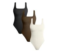 AIDEUX Women's 3 Piece Sleeveless Bodysuits, Square Neck Shapewear Tank Tops, and Ribbed Slimming Body Suit - Sexy andseamless bodysuit (Color : Black Coffee Beige, Size :M)