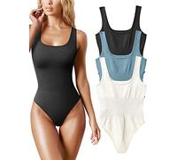AIDEUX Women's 3 Piece Sleeveless Bodysuits, Square Neck Shapewear Tank Tops, and Ribbed Slimming Body Suit - Sexy andseamless bodysuit(Black Haze Blue Beige,L)