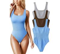 AIDEUX Women's 3 Piece Sleeveless Bodysuits, Square Neck Shapewear Tank Tops, and Ribbed Slimming Body Suit - Sexy andseamless bodysuit(Grey Coffee Candyblue,M)