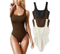 AIDEUX Women's 3 Piece Sleeveless Bodysuits, Square Neck Shapewear Tank Tops, and Ribbed Slimming Body Suit - Sexy andseamless bodysuit(Black Coffee Beige,L)