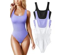 AIDEUX Women's 3 Piece Sleeveless Bodysuits, Square Neck Shapewear Tank Tops, and Ribbed Slimming Body Suit - Sexy andseamless bodysuit(Black Purple White,S)