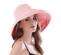 AIDIER Women Wide Brim Sun Hats with Straps Ladies Foldable UPF 50+ Sun Protective Bucket Hat Elegant Travel Summer Hat Pink