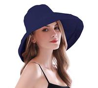 AIDIER Women Wide Brim Sun Hats with Straps Ladies Foldable UPF 50+ Sun Protective Bucket Hat Elegant Travel Summer Hat Blue