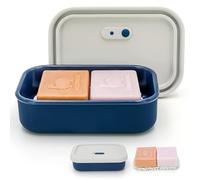 AIDIMMING Enhanced Leak Proof Travel Soap Case with Lid, Silicone Container for Traveling, Large Shampoo Bar Holder, Soap Dish with Draining Layer, Offwhite & Blue