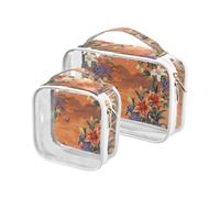 aidingzhi 2 Pack clear toiletry bag men TSA approved transparent makeup travel bag Airport Airline Compliant Lily Flower Brown Japanese Style, lily flower brown Japanese style