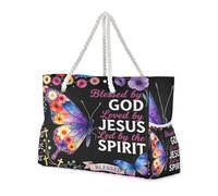 aidingzhi Blessed by God Loved by Large Capacity Tote Bags For School with side pocketes Rubber Beach Bag for Travel Gym Vacation
