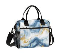 aidingzhi Blue and Gold Marble White Mens Lunch Bag Adjustable Lunch Boxes Women with Shoulder Strap Teen College S