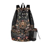 aidingzhi Bohemian Moroccan Style Happy Birthday Animal Cat Bronze Drawstring Backpack Pull String Back Pack With Water Bottle Pocket Dry Wet Separation