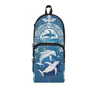 aidingzhi Boho Dolphin Blue Nylon 3 Compartments School Supply Pencil Bag study&multifunctional Pencil Case For Teen Stationery for Middle School
