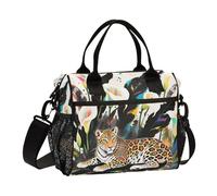 aidingzhi Boho Style Leopard White Calla Lily Insulated Lunch Box Lunch Bag Tote Bag with Shoulder Strap Woman University M