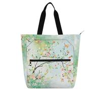 aidingzhi Books Totes Book Bag for Kids Students Adults, Spring Pear Blossom Birds Green Waterproof School Beach Bag Shopping Bag with Zipper for College Shopping Beach Rainbow
