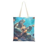 aidingzhi Cartoon Cute Green Turtle Playing Guitar Canvas Bag reusable Womens Canvas Tote Bag Grocery & Farmers Market 16"x15" school essential