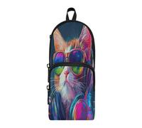 aidingzhi Colorful Dj Cat with Turntables Nylon 3 Compartments Pen Storage Bag study&multifunctional College Pencil Case School Stationery for Office