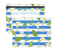 aidingzhi Cosmetic Bag With Zipper 3 Rings Pocket for A4 Paper Letter 2 Pack Students Art Supplies Storage Blue White Striped Calla Lily Daisy Flower