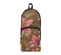 aidingzhi Digital Floral Lilies Earthy Brown Nylon 3 Compartments Zipper Pencil Bag Big Capacity Pencil Case For High School School Stationery for Elementary