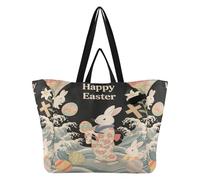 aidingzhi Easter Canvas Totes with Handles Kitchen Grocery Bags Everyday Bag for Men Wedding Party Presents- Happy Easter Rabbit Japanese Style