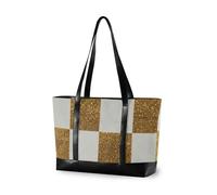 aidingzhi Fake Glitter Checkerboard Squares White Gold fashion bag for women 14 inch with zipper canvas tote for Pool Gym Grocery Travel with