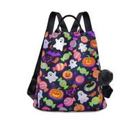 aidingzhi Fashion backpack for work casual work backpack for women for Travel, Work, Everyday with Pom-pom keychain Happy Halloween Colorful Candy Ghosts
