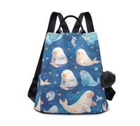 aidingzhi Fashion backpack for work multipurpose travel backpack for women for Daily College Shopping with Pom-pom keychain Blue Sea Animals