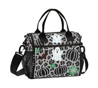 aidingzhi Gray-black Leopard Print Pumpkin Halloween Lunch Box with Bottle Holder Lunch Box Tote with Shoulder Strap Female Work M