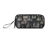 aidingzhi Halloween Black Haunted House Nylon Large Zipper Pencil Bag Large Capacity College Pencil Case Stationery Organizer for Middle School Teen Girls
