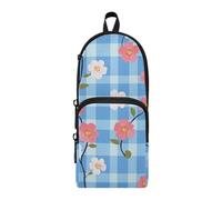 aidingzhi Light Blue Checkered Pink Small Flower Nylon 3 Compartments Large Pencil Case Pencil Bag Multi-purpose and aesthetic Pencil Cases For College Stationery for School supplies