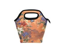 aidingzhi lunch bags for women with Curved handle heated lunch box Water-Resistant small cooler bag for Office School Lily Flower Brown Japanese Style