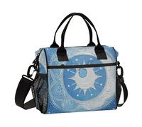 aidingzhi Mandala Moon and Star Shapes White Light Blue Adult Lunch Box Reusable Lunch Bag Tote Bag with Shoulder Strap Teenage Kindergarten S