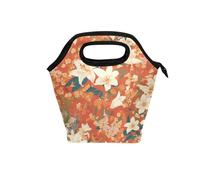 aidingzhi mens lunch bag with Curved handle boys lunch box Waterproof travel cooler bag for Work Travel Vintage Lily Flowers Orange Japanese Woodblock Prints