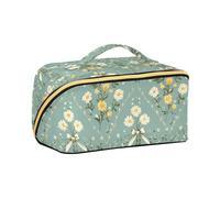 aidingzhi Pastoral Style Bows Yellow Flowers Shapes Mint Green Makeup Bag with dividers Waterproof Makeup Bag With Handle Travel-Size Accessories