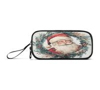 aidingzhi Santa Claus on A Wreath Watercolor Style Nylon Zippered Pencil Bag Large Capacity Pencil Case With Compartments Stationery for Middle School Adolescents