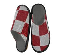 aidingzhi Slippers Womens Indoor Slippers Memory Foam Slipper Shoes Women Home Bed, Fake Glitter Checkerboard Squares White Red, 8-8.5
