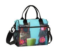 aidingzhi Summer-themed Cool Cat with Sunglasses Illustration Womens Lunch Bag with Bottle Holder Lunch Bag with Shoulder Strap Lady Kitchen S