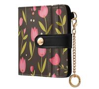 aidingzhi Trendy Women's Compact Folding Wallet Unique PU Leather Wallet for Women-Pink Flower and Green Leaves Vector Illustration Flat Style