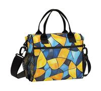 aidingzhi Yellow and Blue Geometric Pattern Stained Glass Style Lunch Tote Reusable Reusable Lunch Tote with Shoulder Strap Lady Kitchen M