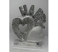 AIDNI Crushed Diamond Silver Heart HAPPY Sparkle Ornament Crystal Diamante Bling Decorative Sculpture Glam Home Décor Gift for Living Room, Bedroom, Office 27cm