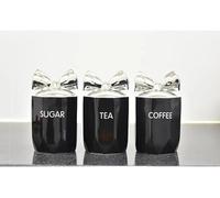 AIDNI Set of 3 Black Marble Effect Ceramic Tea, Coffee & Sugar Canisters, Crystal Style Storage Jars with Silver Bow Lid, Luxury Kitchen Countertop Containers -11x15 cm Tall