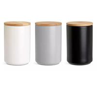 AIDNI Set of 3 Ceramic Kitchen Storage Canisters with Airtight Bamboo Lids, 690ml Tea Coffee Sugar Containers, Black Grey White Stoneware Food Storage Jars, Dishwasher Safe