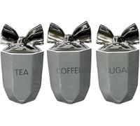 AIDNI Set of 3 Grey Tea, Coffee, Sugar Canisters Silver Bow Lid Kitchen Storage Jars Crystal Containers Marble Effect Ceramic for Home Décor Dining Table Marble Style Kitchen Accessories -15x11cm