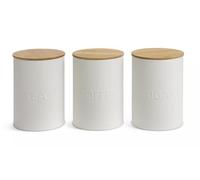 AIDNI Set of 3 Kitchen Storage Canisters with Airtight Bamboo Lids, Tea Coffee Sugar Containers, White Carbon Steel Food Storage Tins with Embossed Labels, 15.7 x 11 cm