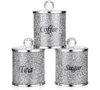 AIDNI Set of 3 Tea Sugar Coffee Canisters Medium Jars Set, Sparkle Organiser Silver-Trimmed Diamond Crushed with Glass Lids -15x10 cm